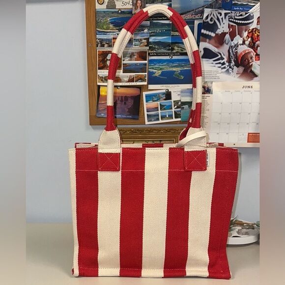 RAE DUNN Large Rare Retro Red Ivory Stripe Woven Canvas Bonjour Shopper Tote - Picture 1 of 15